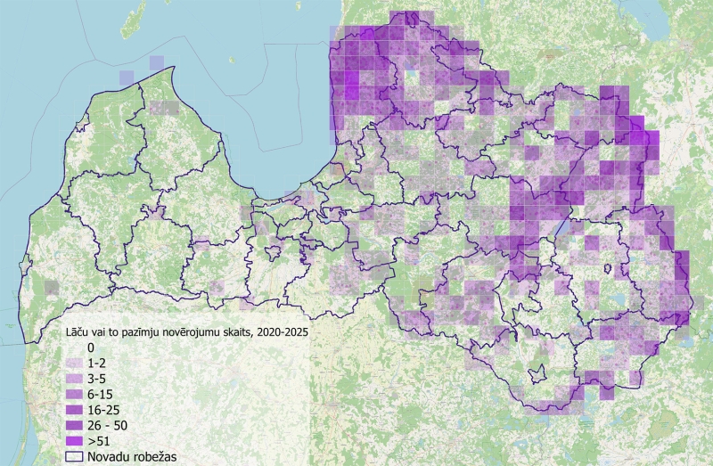 Lāči Latvijā 2020. – 2025. gadā. Karte: G. Done, LVMI “Silava”