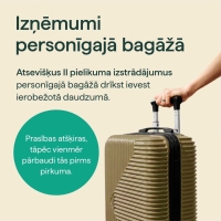 Teksts - Izņēmumi personīgajā bagāžā. Atsevišķus II pielikuma izstrādājumus personīgajā bagāžā drīkst ievest ierobežotā daudzumā. Ceļojumu kofera attēls.