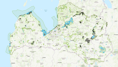 Latvijas īpaši aizsargājamo dabas teritoriju karte par zemes vienībām vai to daļām, kurās piemērojams cenrādis, rīkojot masu pasākumus.