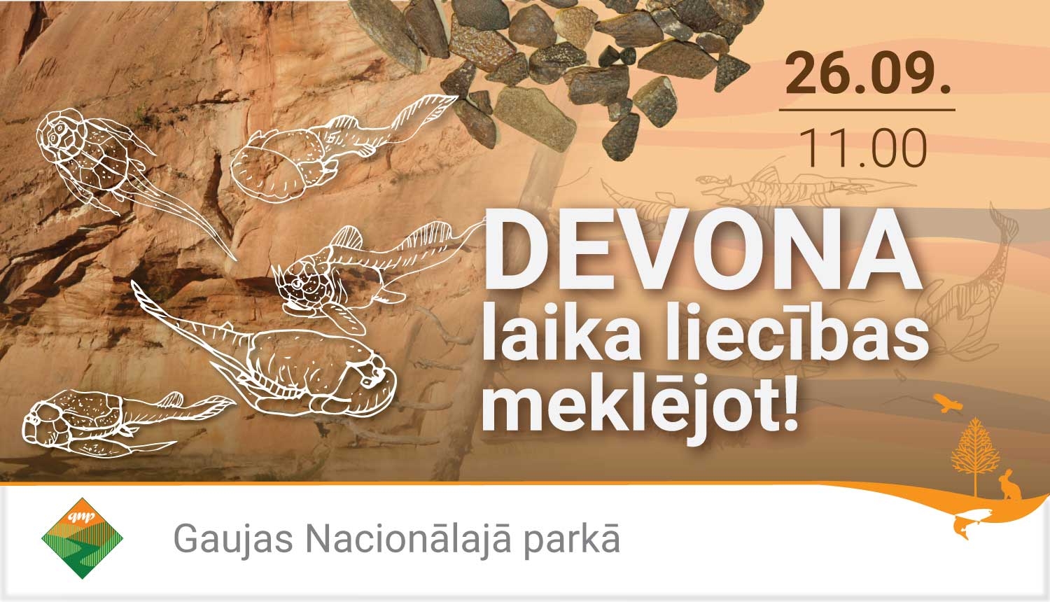 Uz sarkanbrūna smilšakmens atseguma fona devona perioda bruņuzivju kontŗurzīmējumi. Uzraksti: 26.09. plskt. 11.00. Devona laika liecības meklējot! 