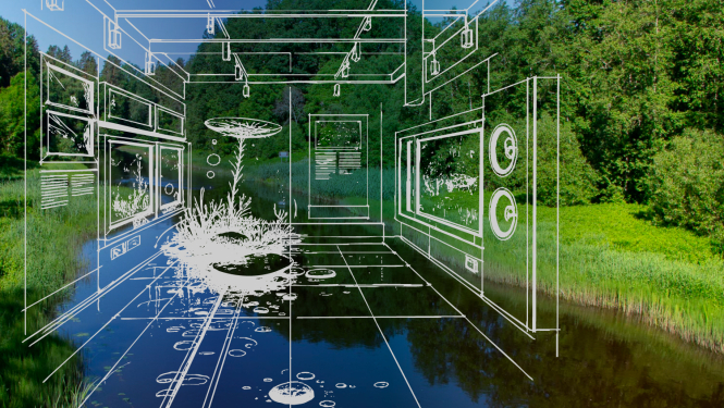 Salacas upe, virs kuras grafisks interjera zīmējums