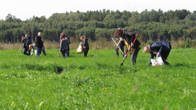 Cilvēki strādā pļavā sējot zālāju
