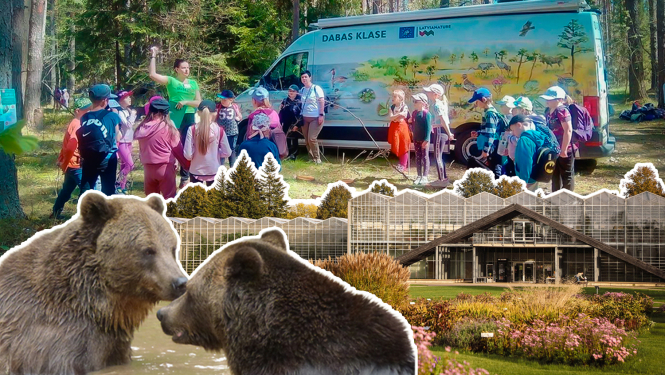 Kolāža ar attēliem ar dabas izglītības nodarbību dabā, Līgatnes dabas taku lāčiem un Nacionālā botāniskā dārza siltumnīcu.