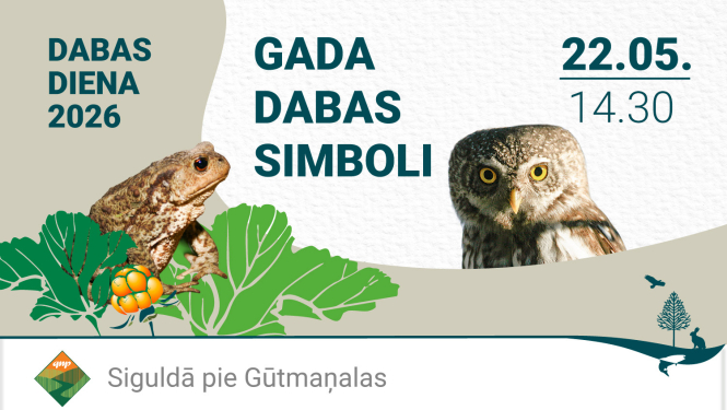 Dabas dienas afiša. Attēlā - krupis, lācene, apodziņš. Datums 20.05. plkst 14.30. Dabas diena