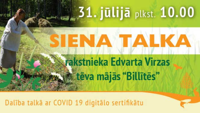 Siena talkas uzsaukums, fonā sieviete baltā tērpā grābj sienu.