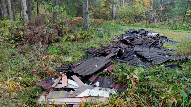 Mežā izgāzta veca šīfera kaudze
