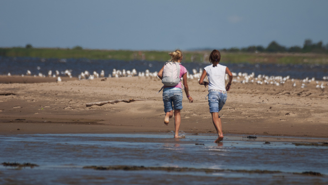 Cilvēki skrien jūras krastā