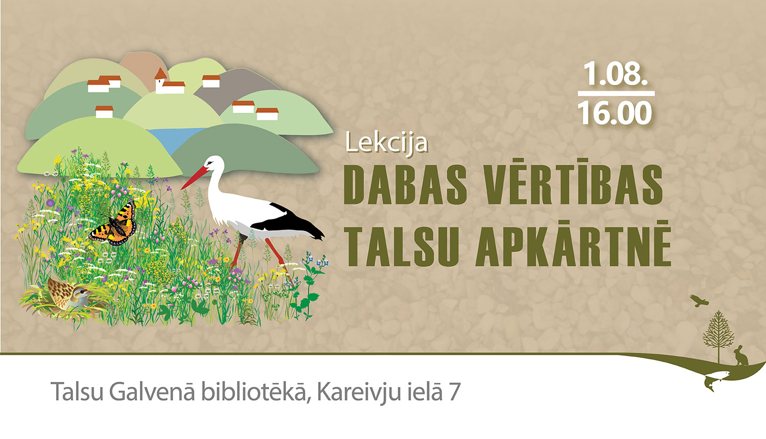 Zīmējums - pauguri, pļava, taureņi, baltais stārķis