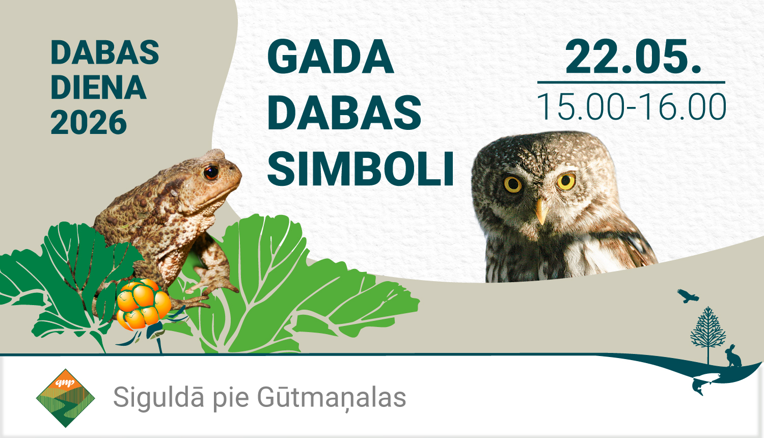 Dabas dienas afiša. Attēlā - krupis, lācene, apodziņš. Datums 20.05. plkst 15.00.-16.00 Dabas diena