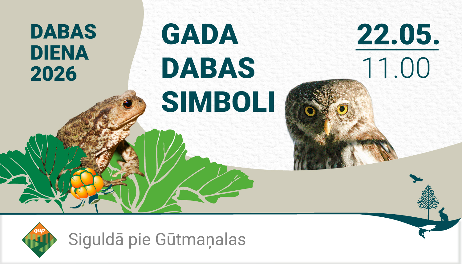 Dabas dienas afiša. Attēlā - krupis, lācene, apodziņš. Datums 20.05. plkst 11.00. Dabas diena